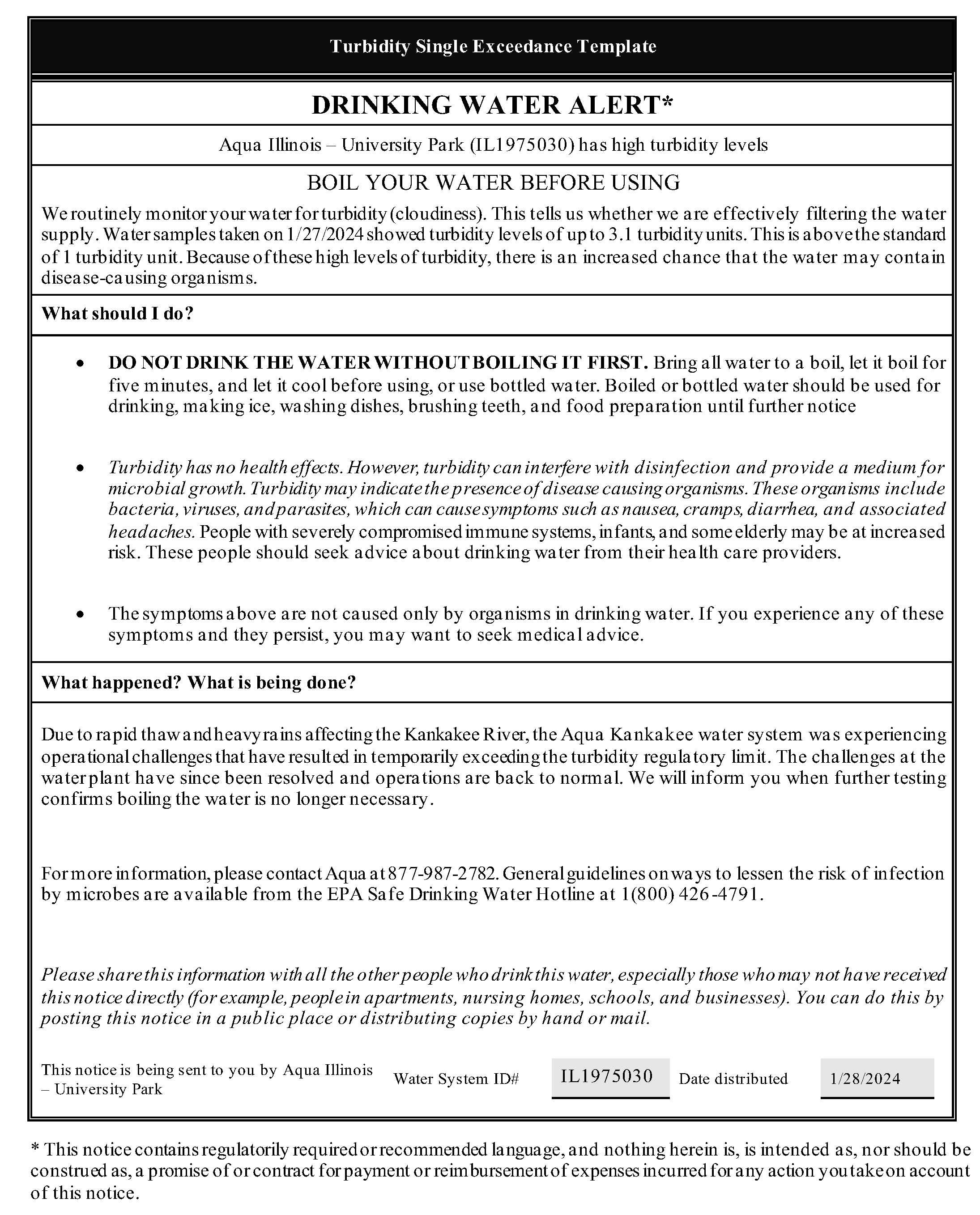 Image of PDF document showing the Drinking Water Alert for Aqua Illinois - University Park