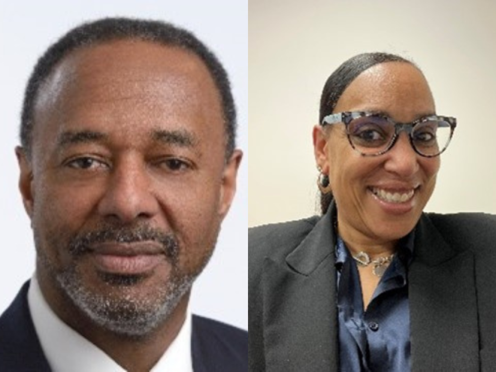 Two people smiling: on the left, a man in a suit; on the right, a woman wearing glasses and a blazer, both posing against plain backgrounds.