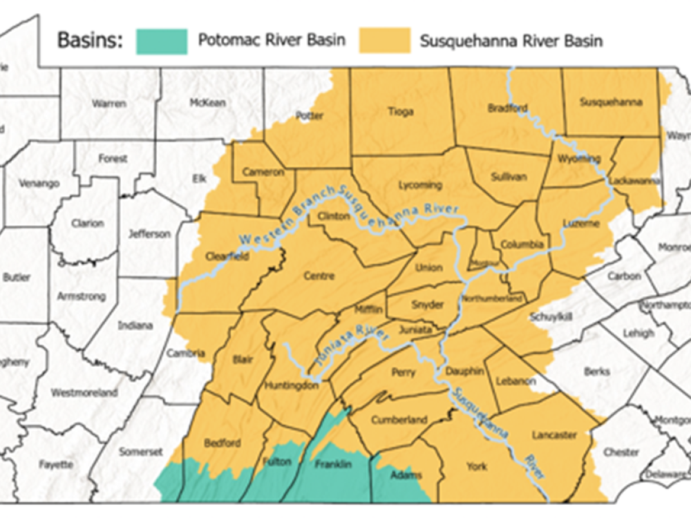 A map of Pennsylvania highlighting the Potomac River Basin in green and the Susquehanna River Basin in yellow.