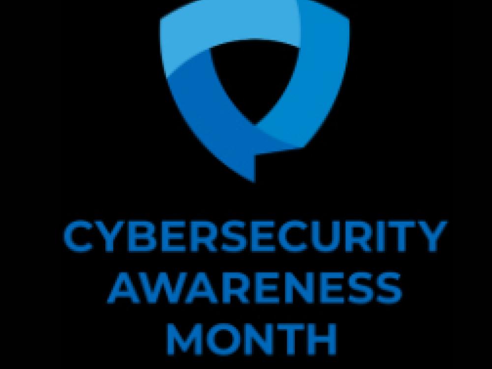 Logo for Cybersecurity Awareness Month featuring a blue shield icon above the text, set against a black background.