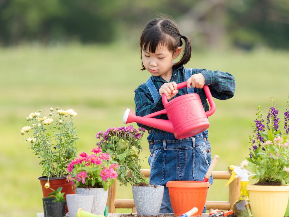 A young child waters potted plants with a red watering can in an outdoor garden, surrounded by colorful flowers and greenery.