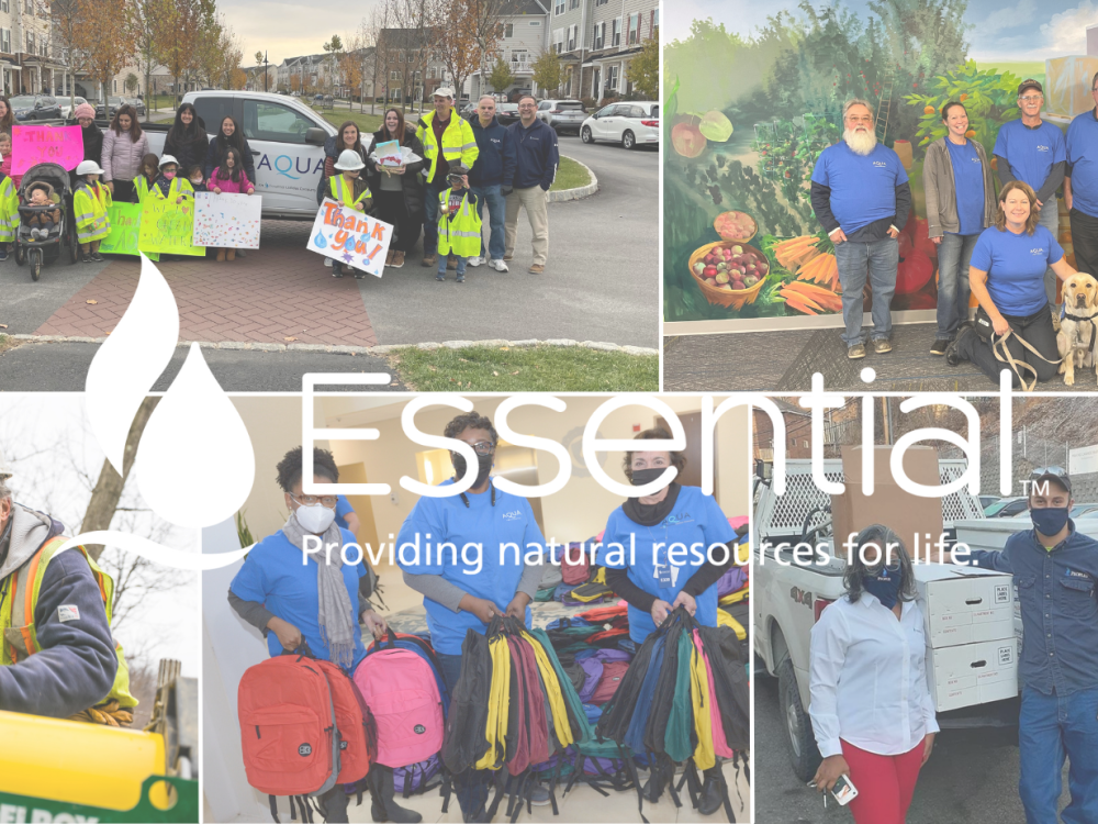 A collage of Essential employees volunteering in various community activities, with the Essential logo and slogan "Providing natural resources for life."