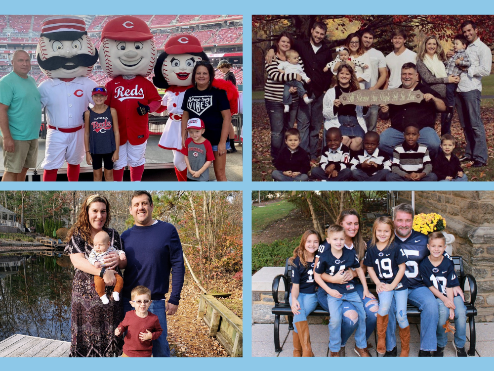 A collage of four family photos featuring fathers with their families in various settings, celebrating Father’s Day.