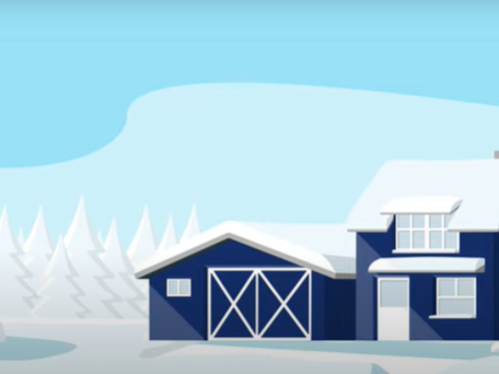  Illustration of a snow-covered blue house with a garage, surrounded by snowy trees and a pale blue sky in a winter landscape.