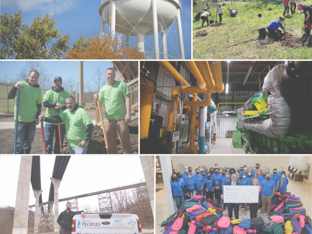 A collage featuring Aqua’s water tower, volunteer activities, energy infrastructure, and community donations, highlighting company initiatives.