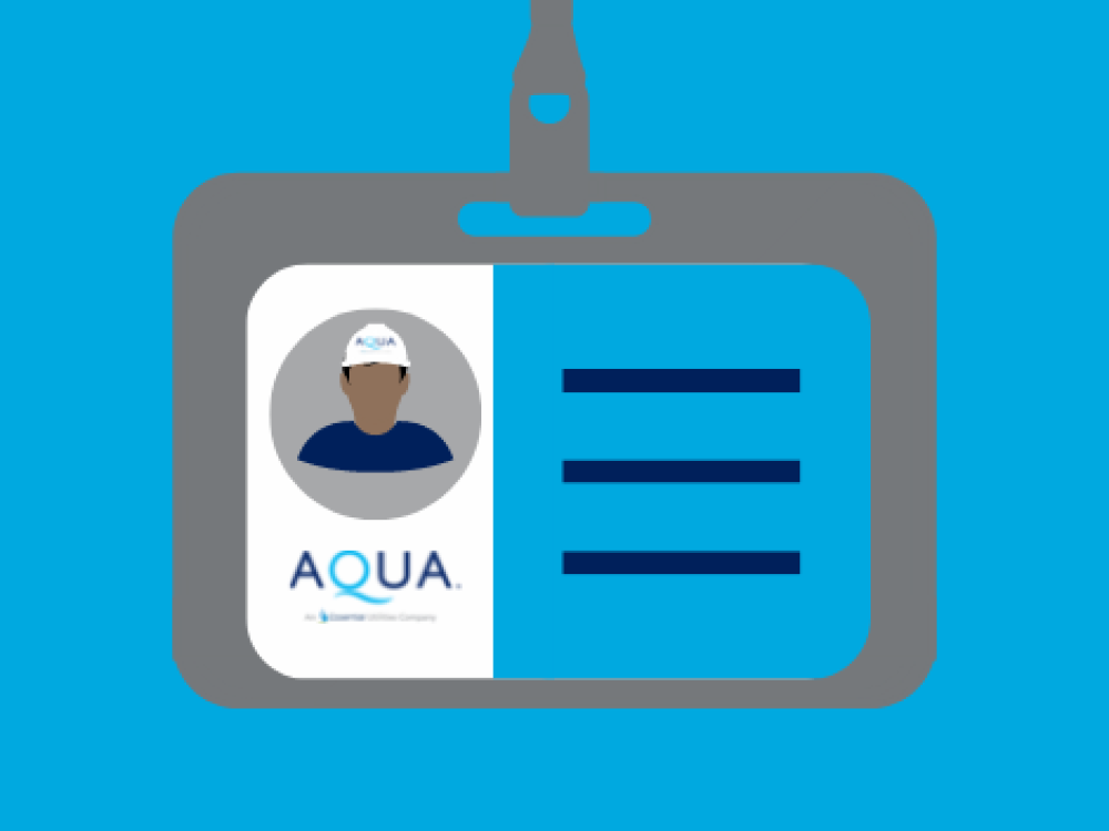 Illustration of an ID badge with a silhouette wearing an AQUA hard hat and logo, set against a blue background.