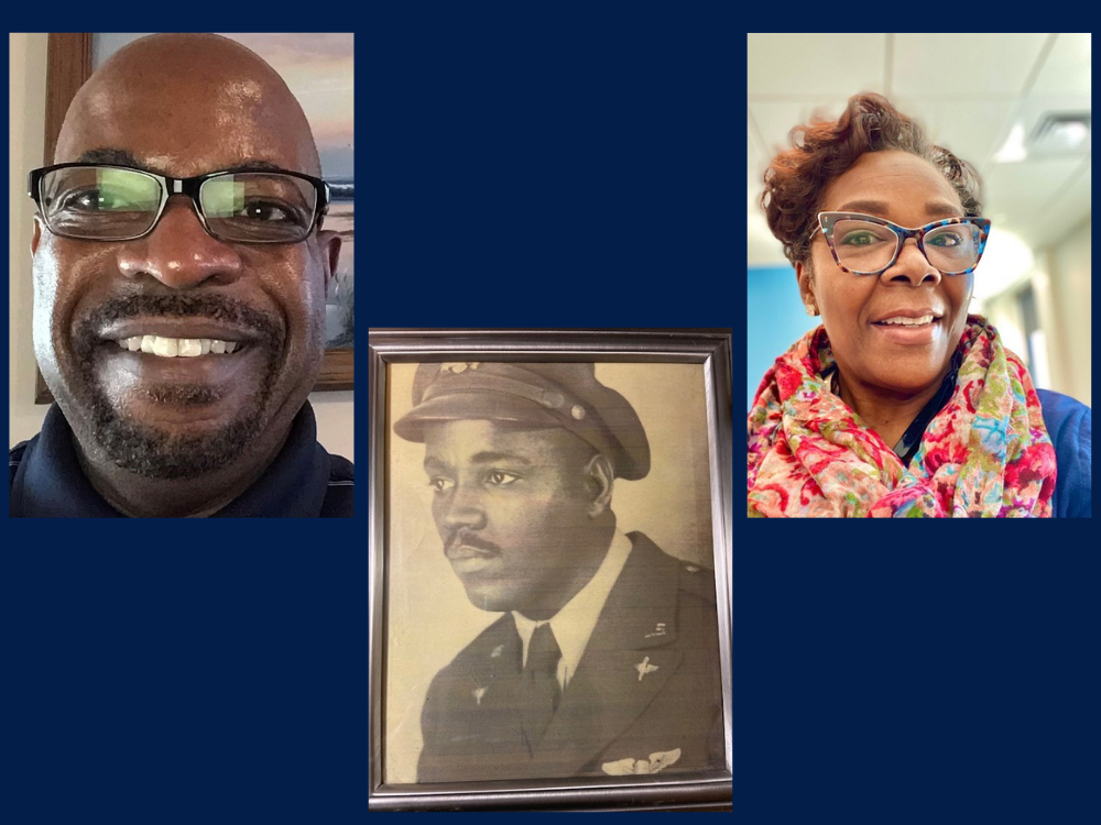 Collage featuring two people and an old military portrait in the center, all on a dark blue background.