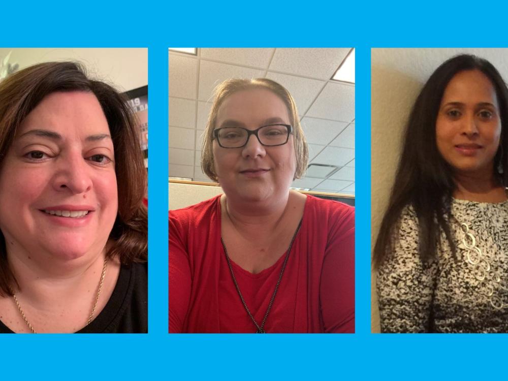 Three women are featured in separate portrait photos, framed in blue, representing diverse professionals in IT careers.