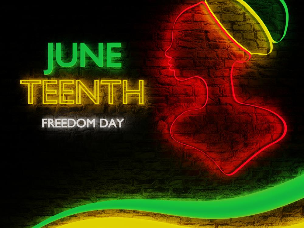  Neon-style illustration of a woman's profile with "June Teenth Freedom Day" text in green, yellow, and red against a dark background.