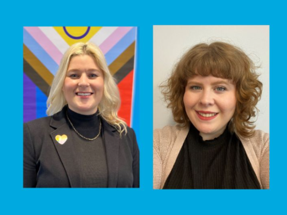 Side-by-side portraits of two women smiling against a blue background, celebrating Pride and inclusivity in the workplace.