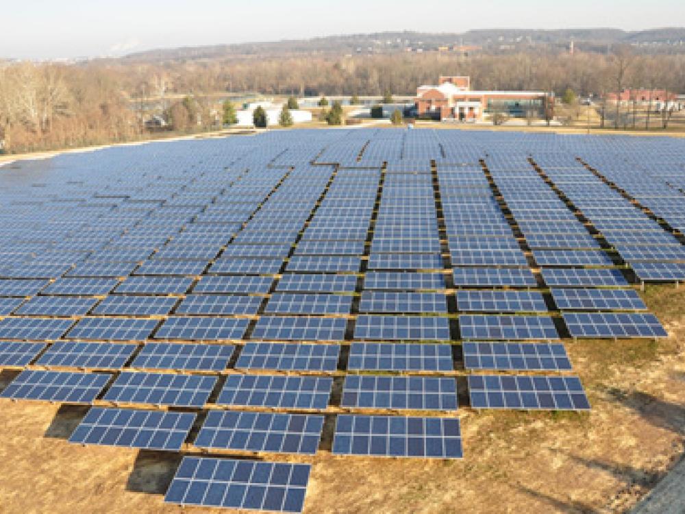  A large solar panel array installed on a grassy field, with trees and buildings visible in the background on a clear day.