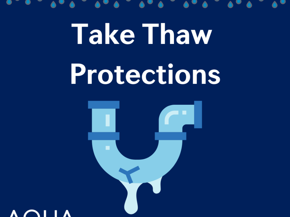 Graphic of a dripping pipe with icicles and text 'Take Thaw Protections.' AQUA logo at the bottom left corner.