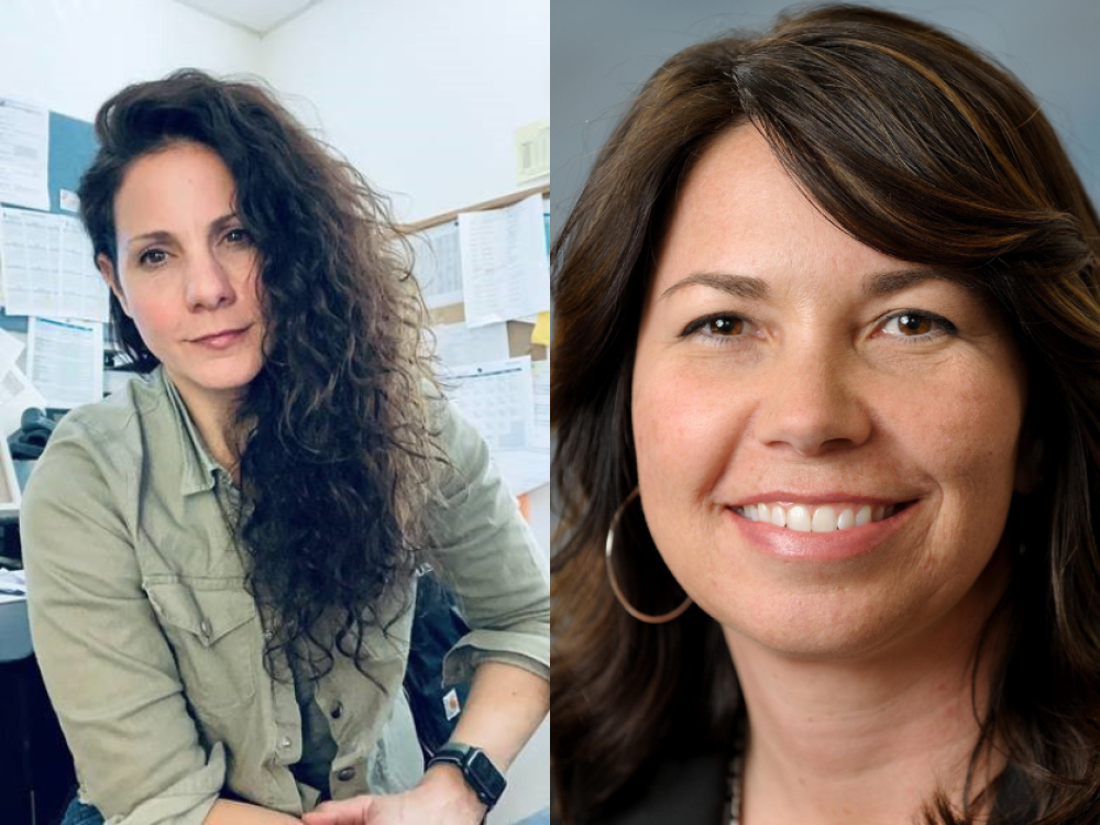 Two women smiling: the left has long curly hair, wearing a casual shirt in an office; the right has straight hair, wearing a blazer.