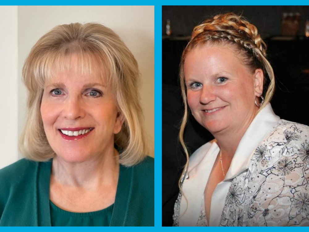 Side-by-side portraits of two women smiling, framed in a blue border, celebrating Women’s History Month.