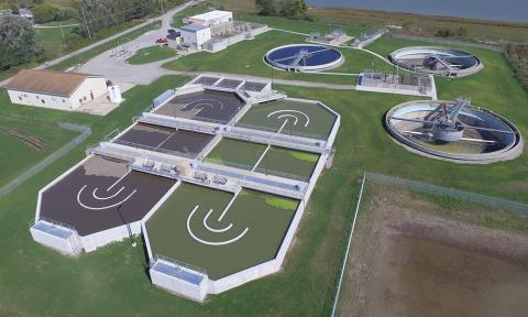 Aerial view of wastewater treatment plant