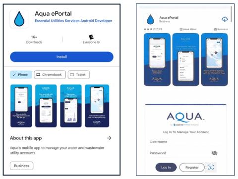 Screenshot of the Aqua ePortal installation screen and login page